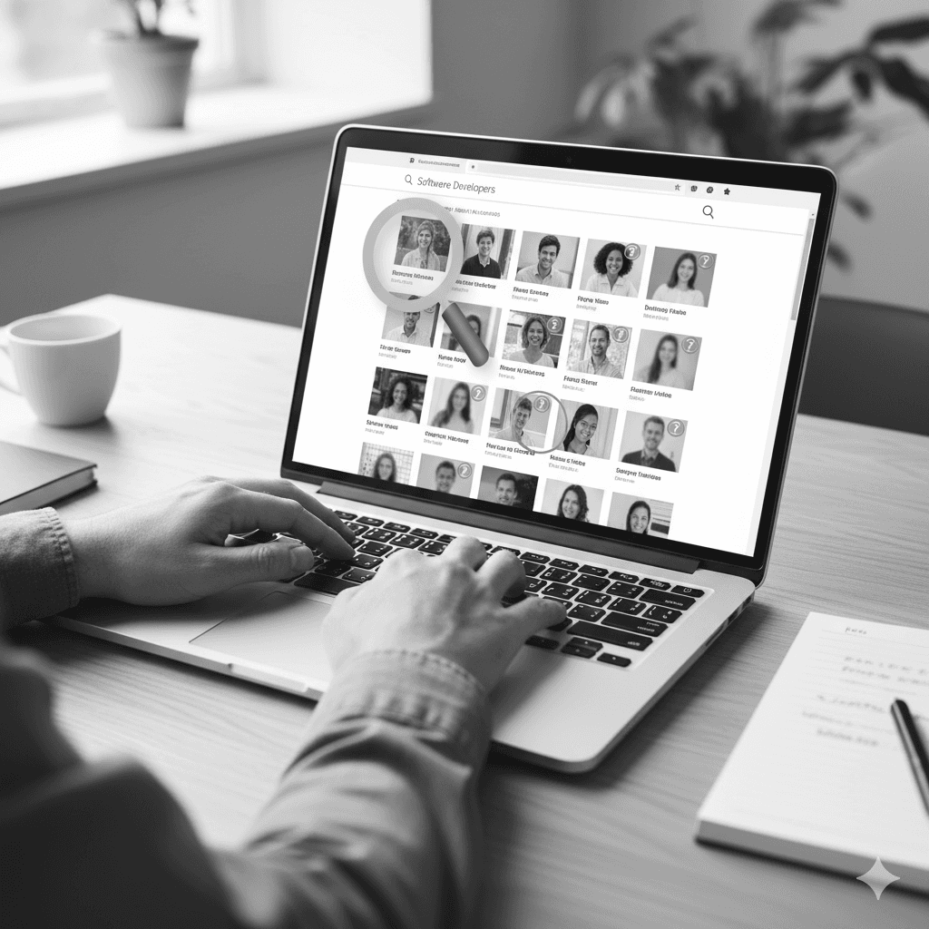 Magnifying glass searching for developers